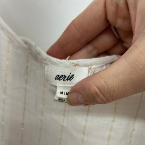 Aerie White Gold Stiped Cotton Gauzy Oversized Sleeveless Mini Dress Medium - Picture 6 of 7